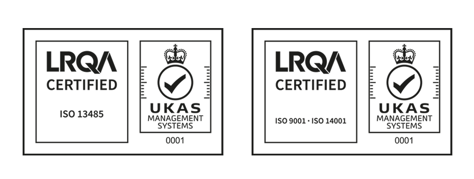 Dahl Medicals ISO certifieringar. Svarta texter och ikoner på en vit bakgrund.
