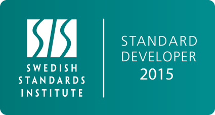 Swedish standards institute - Standard developer. Vit text på en turkosblå bakgrund och en en logga med initialerna SIS.  